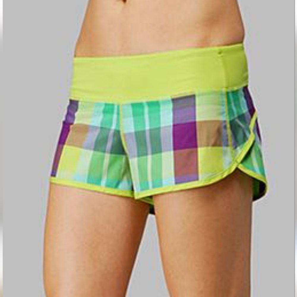 Lululemon Plaid Speed Shorts Lime Power Purple Plaid Sz 6